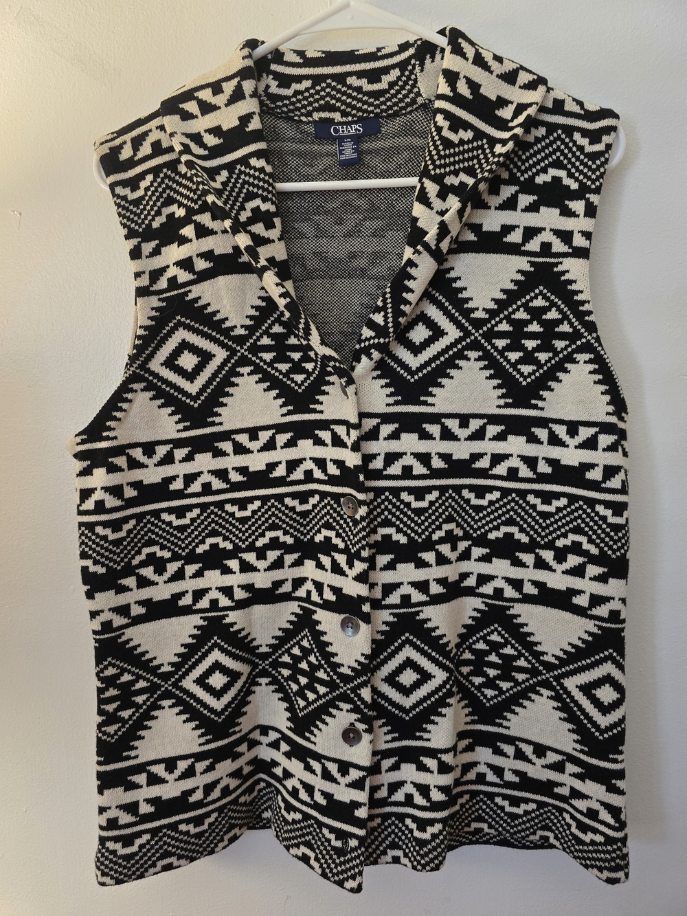 Chaps Black & Cream Aztec Hooded Knit Vest